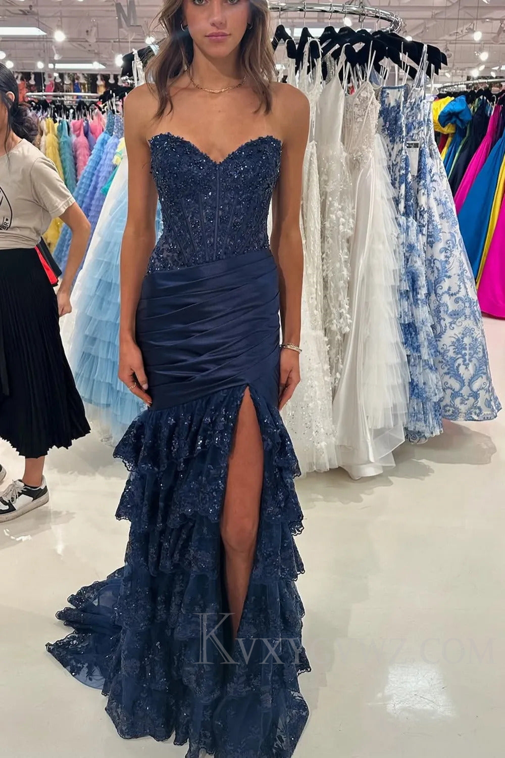 Sparkly Royal Blue Mermaid Ruffled Prom Dress with Slit LF230