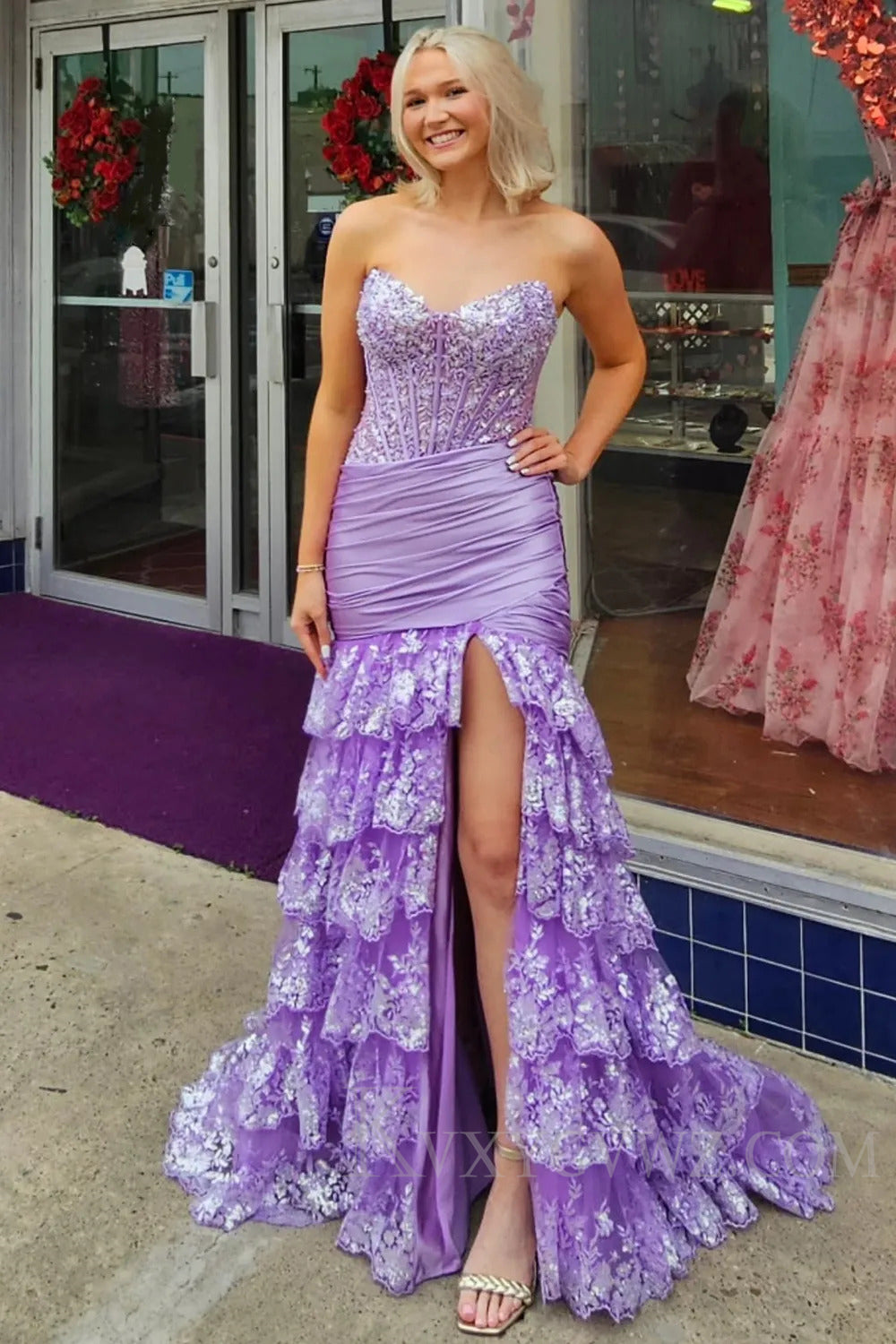 Sparkly Royal Blue Mermaid Ruffled Prom Dress with Slit LF230