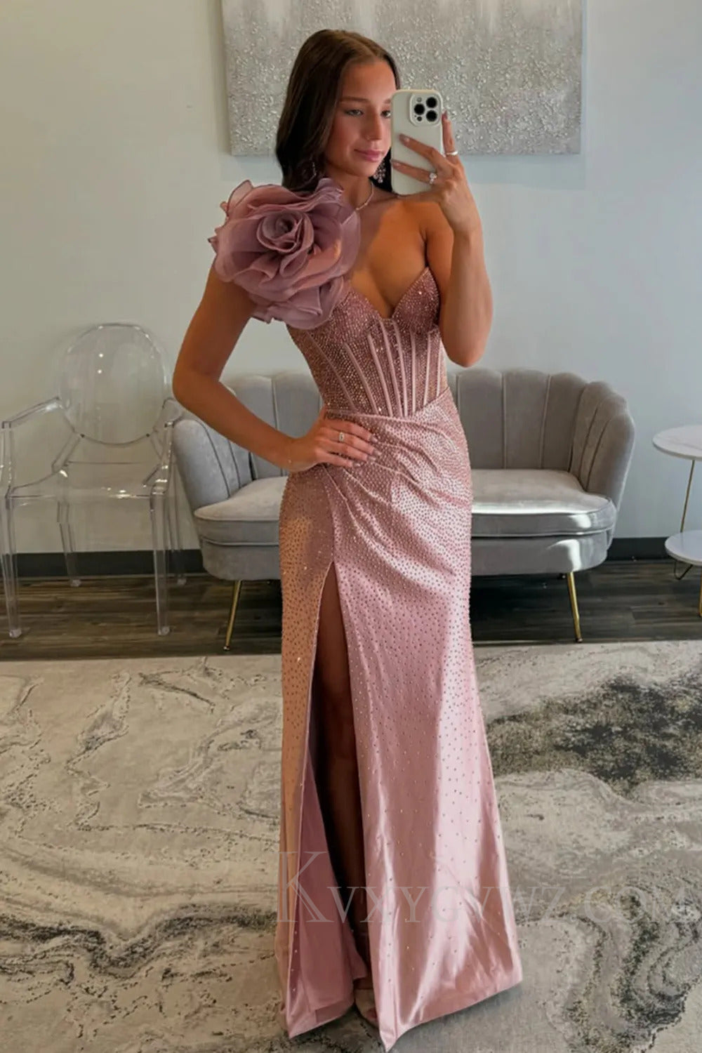 One Shoulder Sparkly Floral Blush Corset Prom Dress with Slit LF233