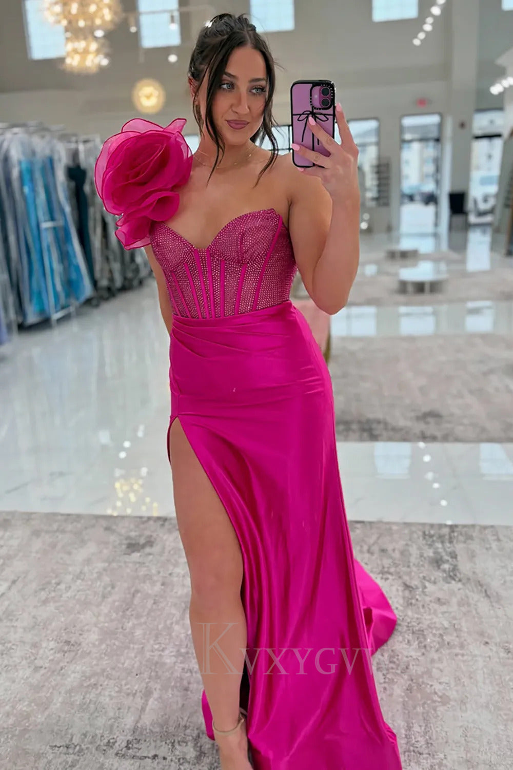 One Shoulder Sparkly Floral Blush Corset Prom Dress with Slit LF233