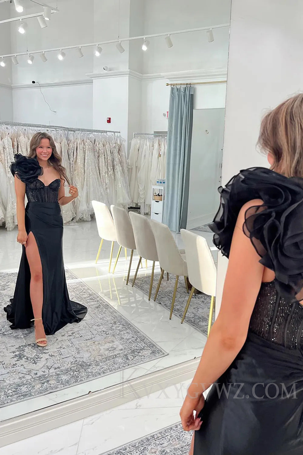 One Shoulder Sparkly Floral Blush Corset Prom Dress with Slit LF233