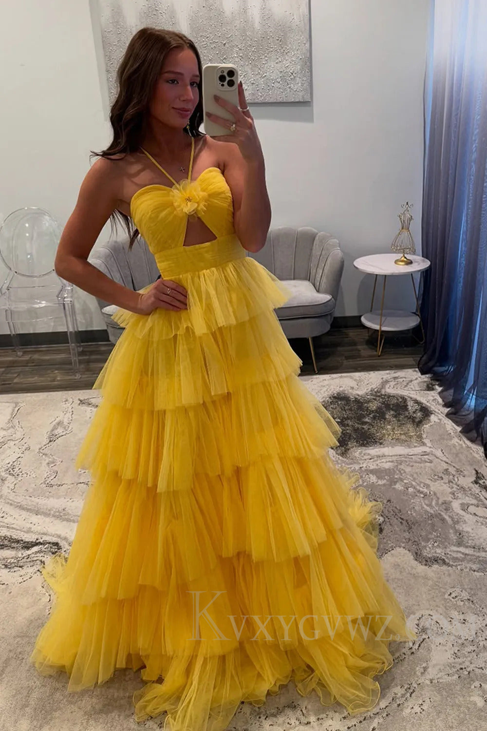 Halter A Line Yellow Ruffled Tulle Long Prom Dress with Keyhole LF235