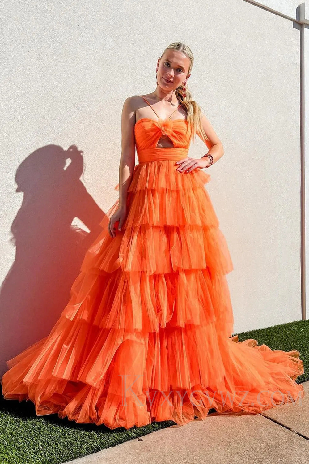 Halter A Line Yellow Ruffled Tulle Long Prom Dress with Keyhole LF235