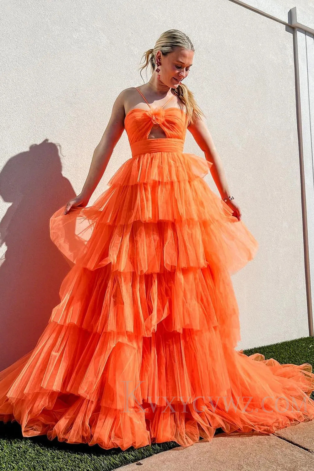 Halter A Line Yellow Ruffled Tulle Long Prom Dress with Keyhole LF235