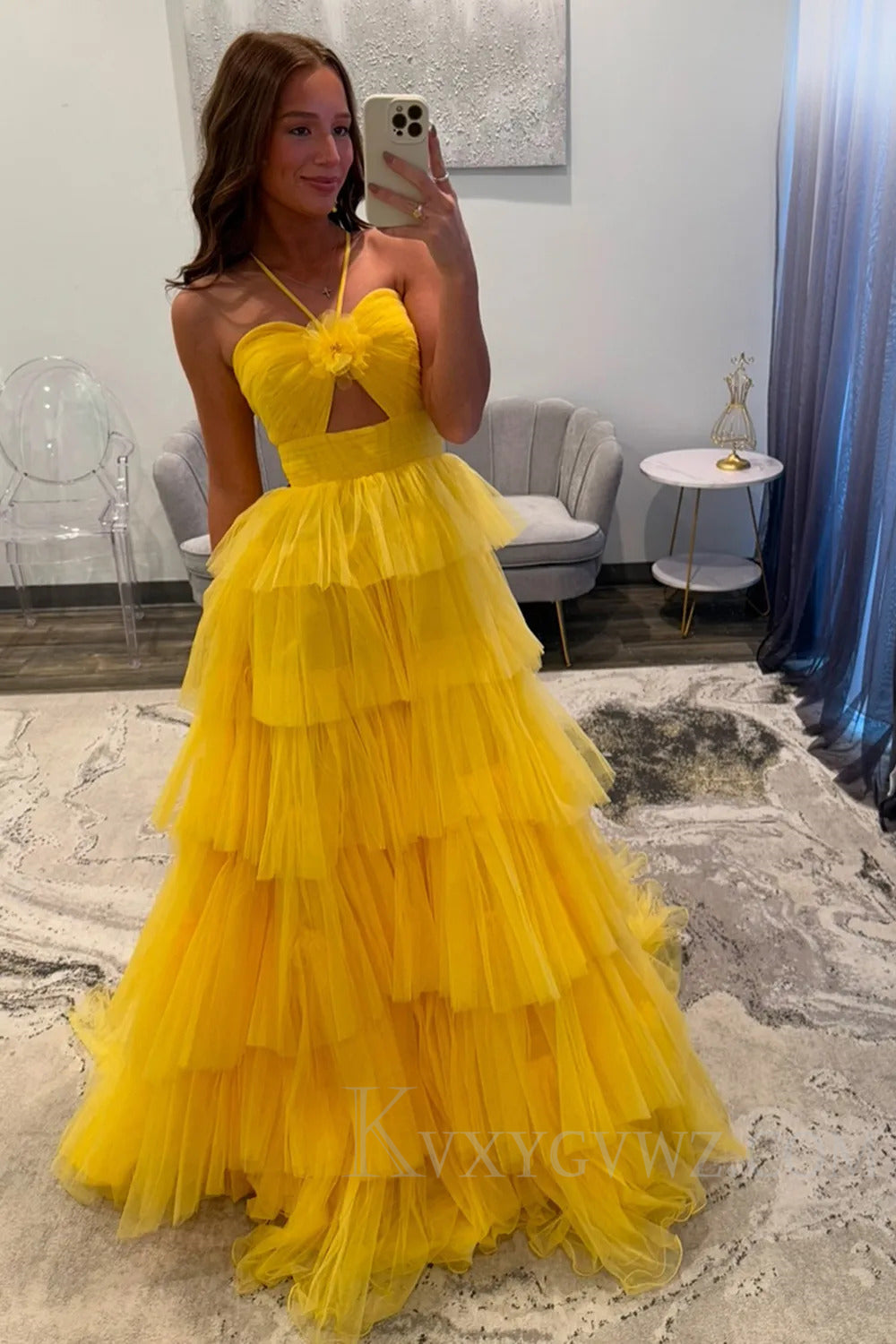 Halter A Line Yellow Ruffled Tulle Long Prom Dress with Keyhole LF235