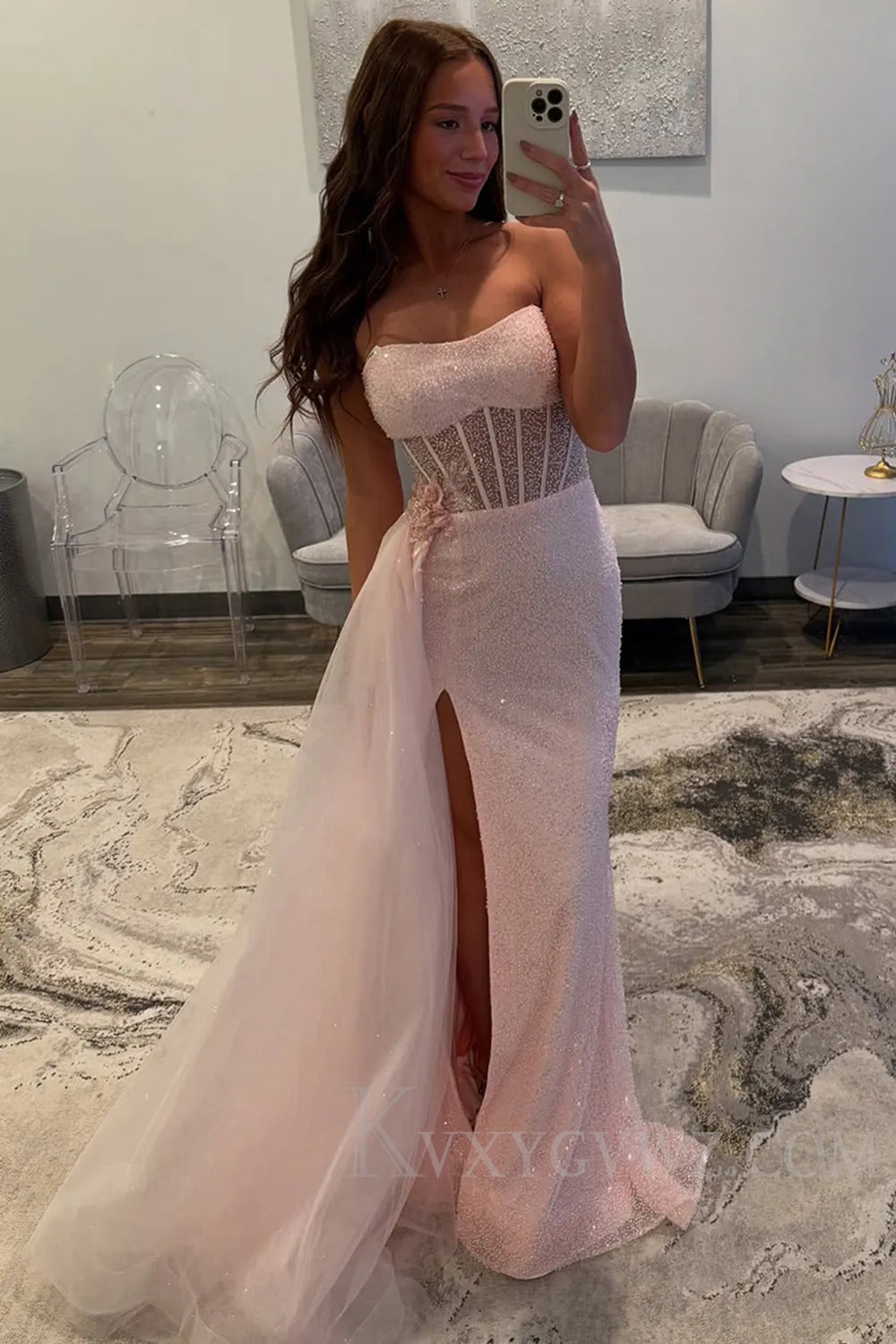 Light Pink Corset Tulle Long Prom Dress with Slit LF236