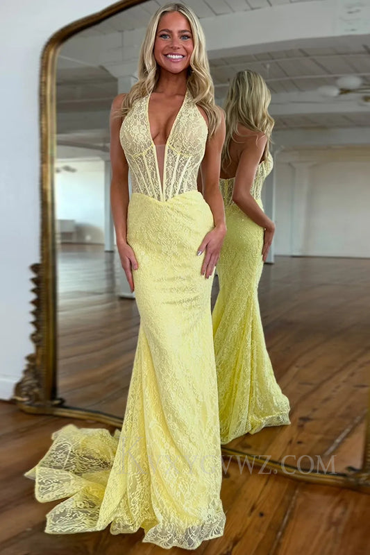 Yellow Lace Mermaid Halter Corset Long Prom Dress LF238