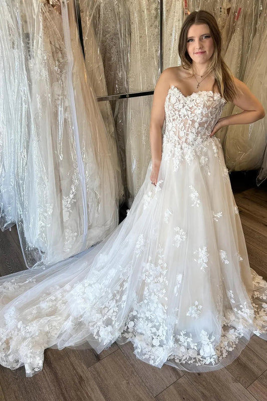 Bohemian A Line Sweetheart Tulle Wedding Dresses Gown with Appliques HS742