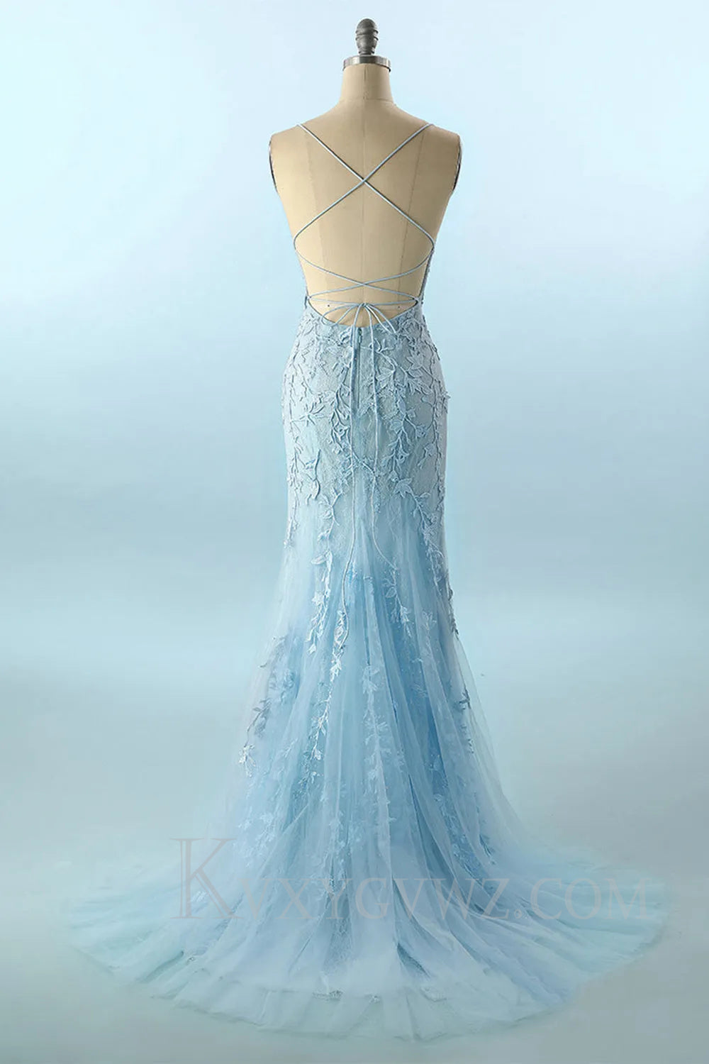 Blue Lace Mermaid Backless Lace up Sweep Train Prom Formal Dress LF024