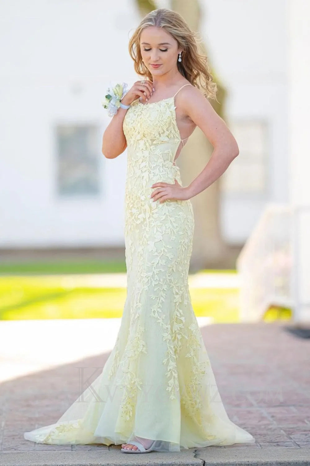 Blue Lace Mermaid Backless Lace up Sweep Train Prom Formal Dress LF024