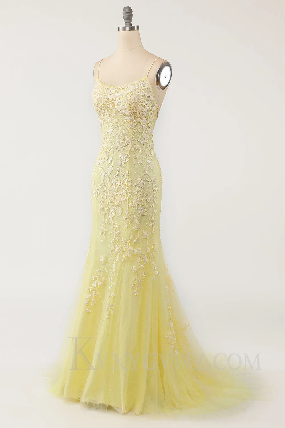 Blue Lace Mermaid Backless Lace up Sweep Train Prom Formal Dress LF024