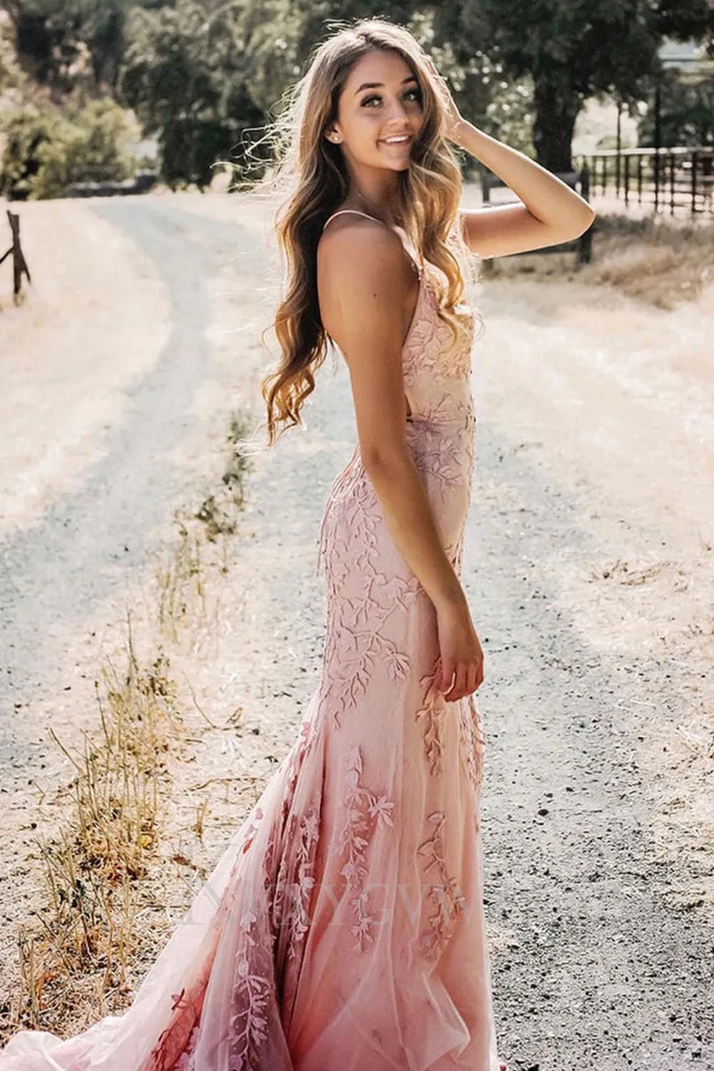 Blue Lace Mermaid Backless Lace up Sweep Train Prom Formal Dress LF024