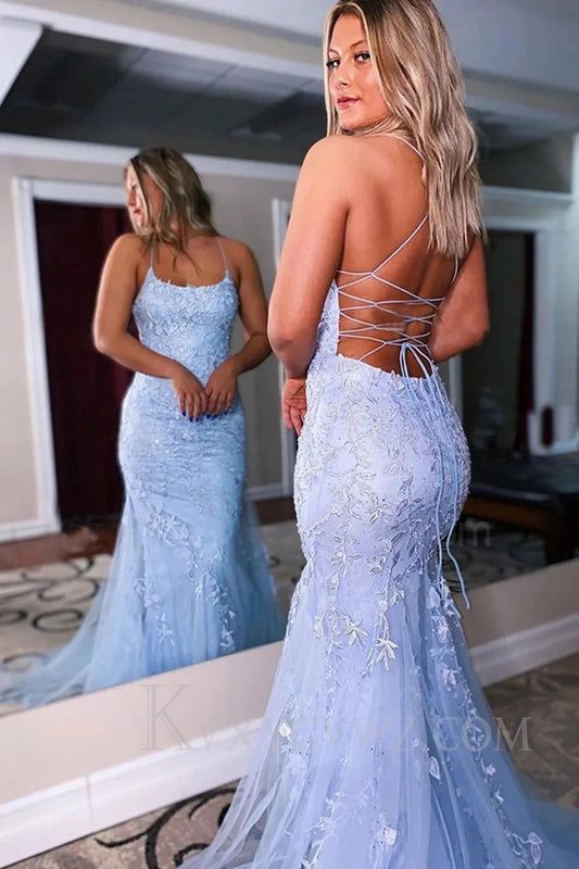 Blue Lace Mermaid Backless Lace up Sweep Train Prom Formal Dress LF024