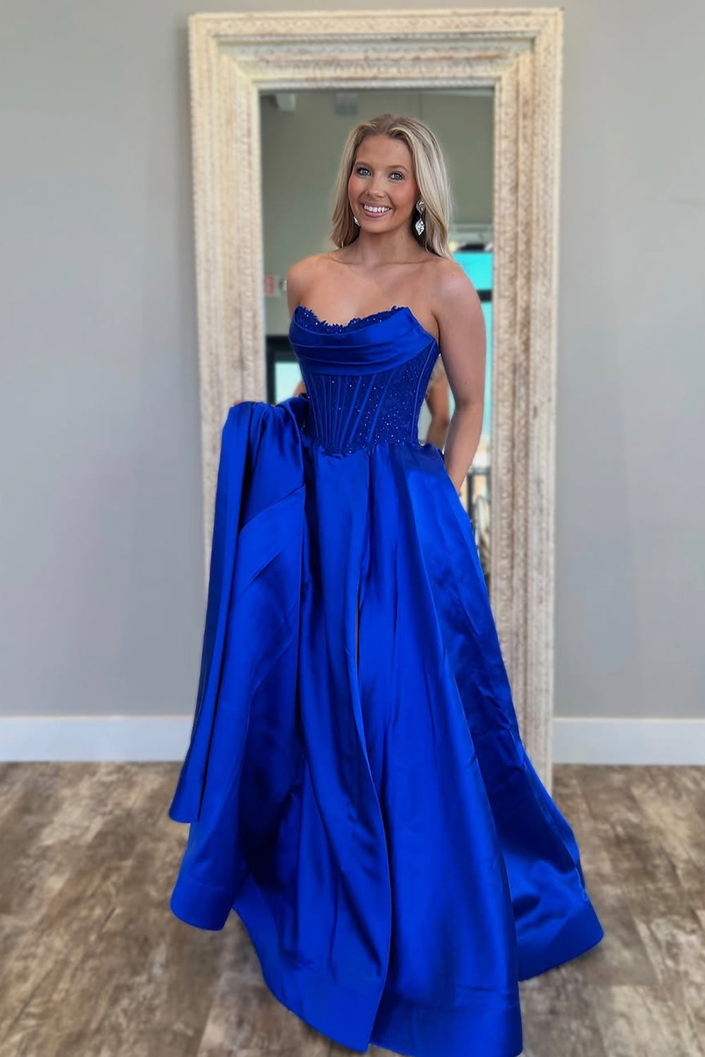 A-Line Strapless Royal Blue Satin Long Prom Dress Gown with Pockets LF1400