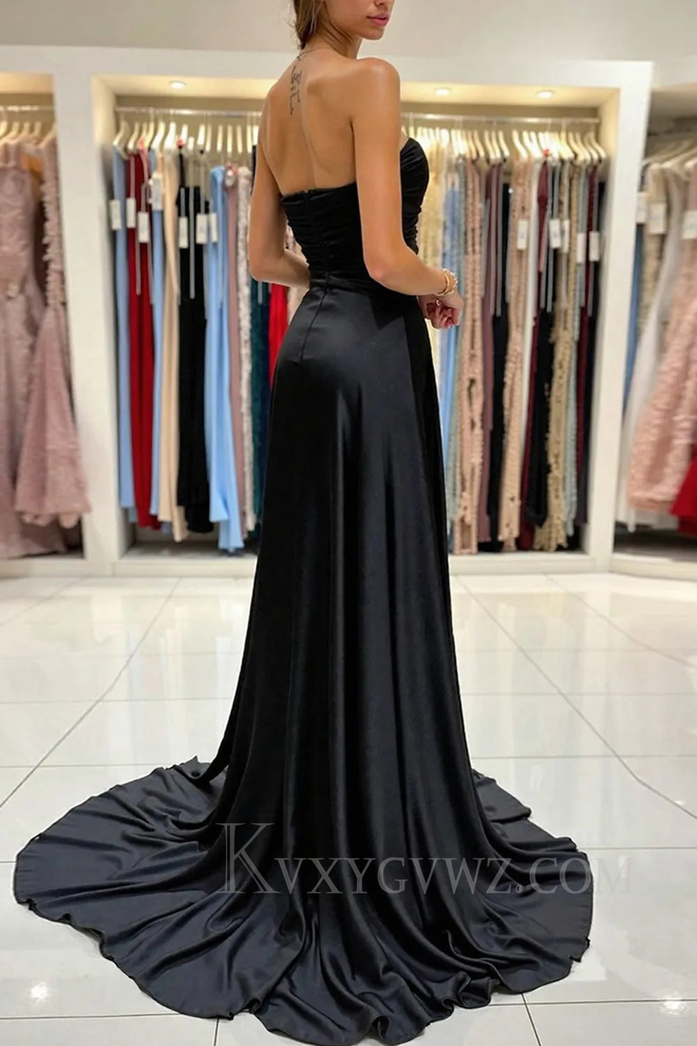 Sweetheart Black Satin Ruched Long Prom Dress with Slit LF242