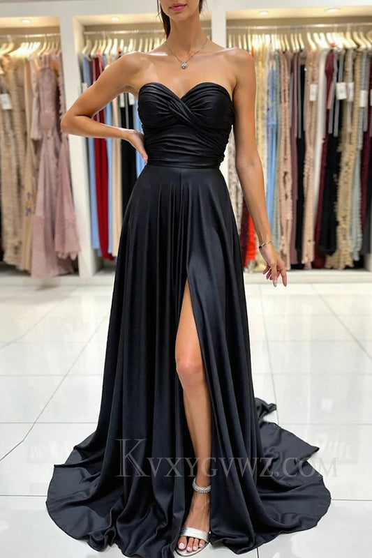 Sweetheart Black Satin Ruched Long Prom Dress with Slit LF242