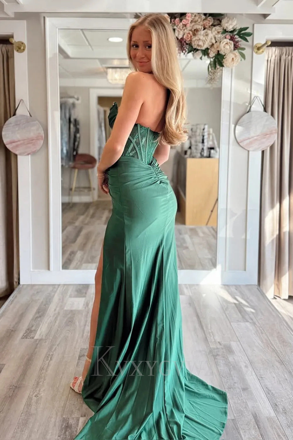 Strapless Red Mermaid Satin Sweep Train Prom Dress With Slit LF252