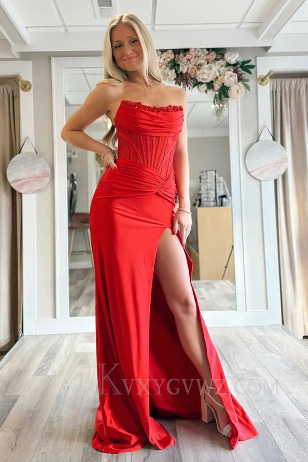 Strapless Red Mermaid Satin Sweep Train Prom Dress With Slit LF252