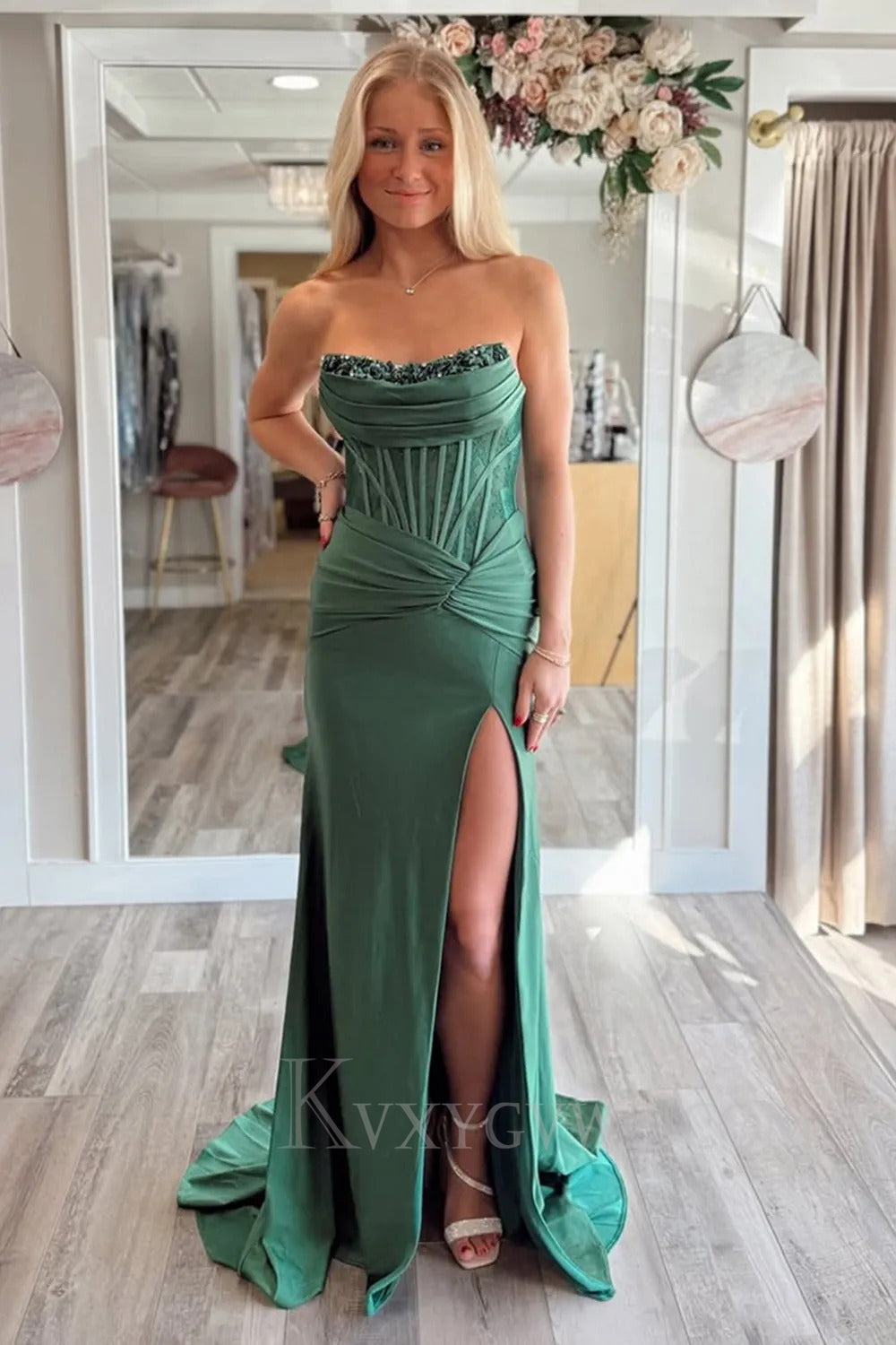 Strapless Red Mermaid Satin Sweep Train Prom Dress With Slit LF252