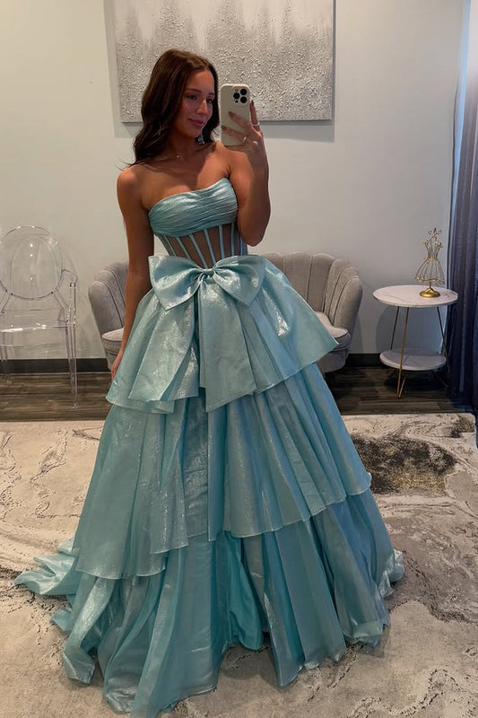 Ball Gown Strapless Light Blue Organza Tiered Long Prom Dress Gown with Bow LF1244