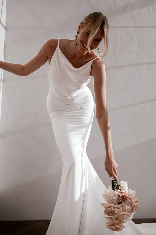 Mermaid Cowl Neck White Silk Satin Wedding Dresses Gown HS819
