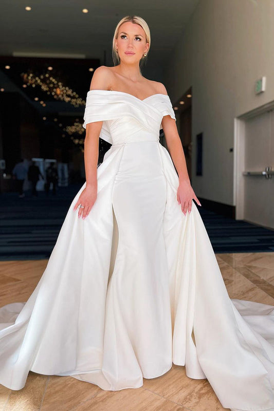 Chic Mermaid Off the Shoulder White Satin Wedding Dresses Gown with Detachable Train HS677