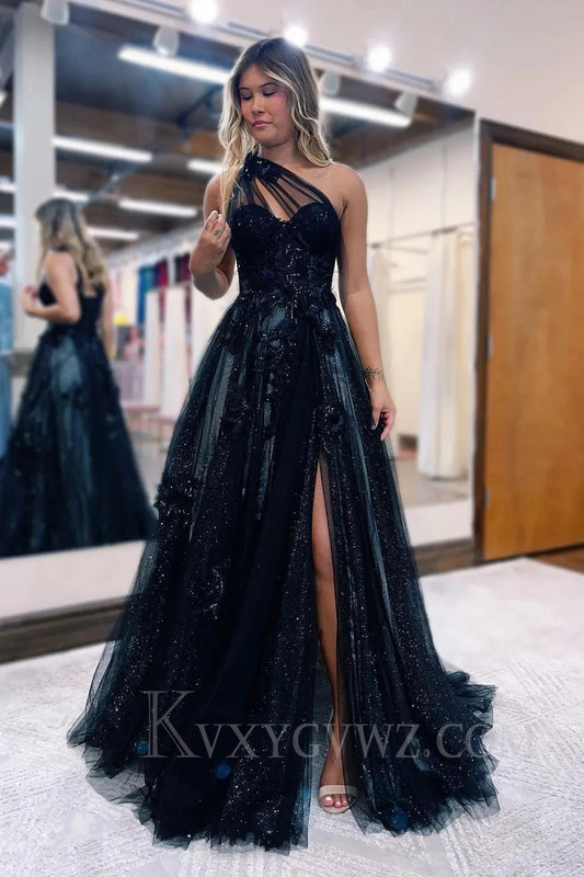 A Line One Shoulder Black Long Prom Dress with Appliques LF026
