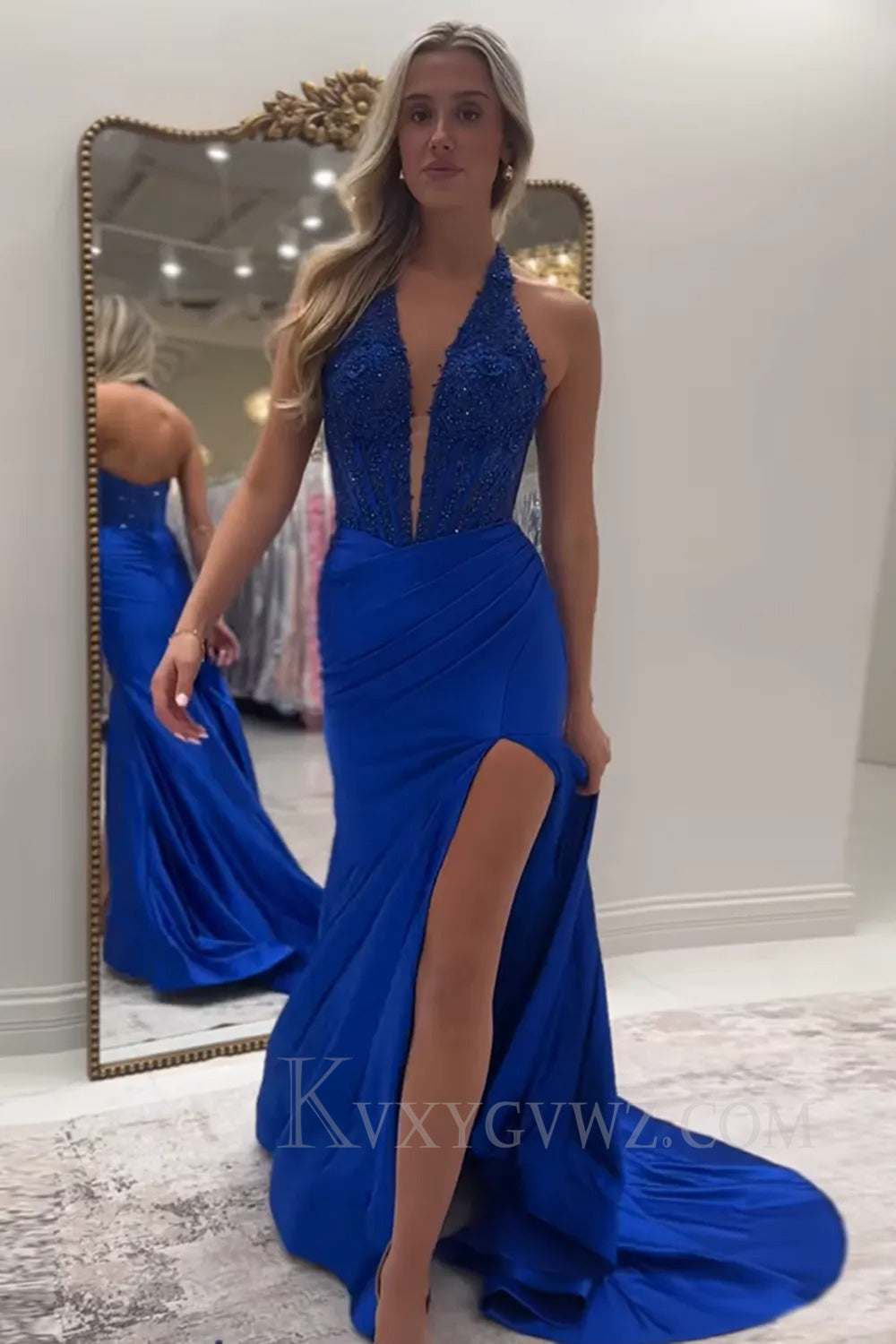 Black Halter Deep V-Neck Lace Corset Prom Dress with Slit LF261