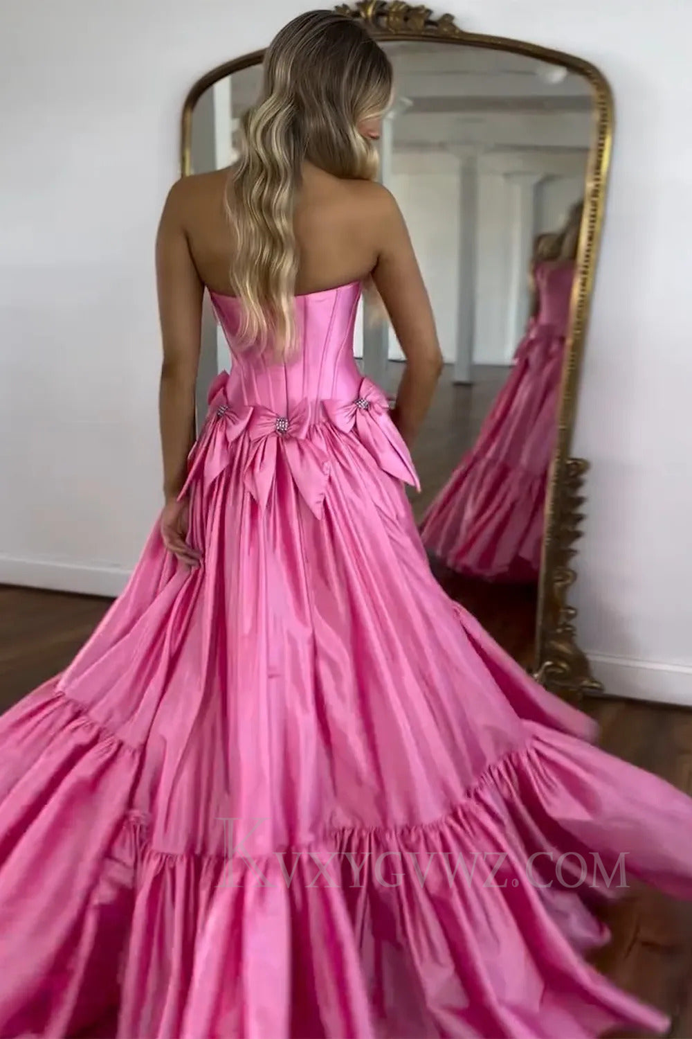 Sparkly A Line Pink Strapless Corset Long Pleated Prom Dress with Bow LF264