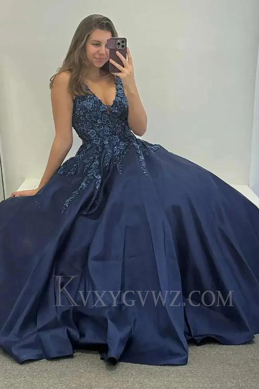 Navy Floral V-Neck Prom Dress with Lace LF265