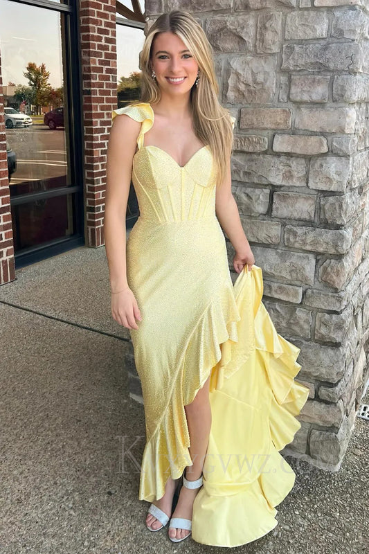 Sparkly Navy Mermaid Corset Asymmetrical Prom Dress with Ruffles LF266