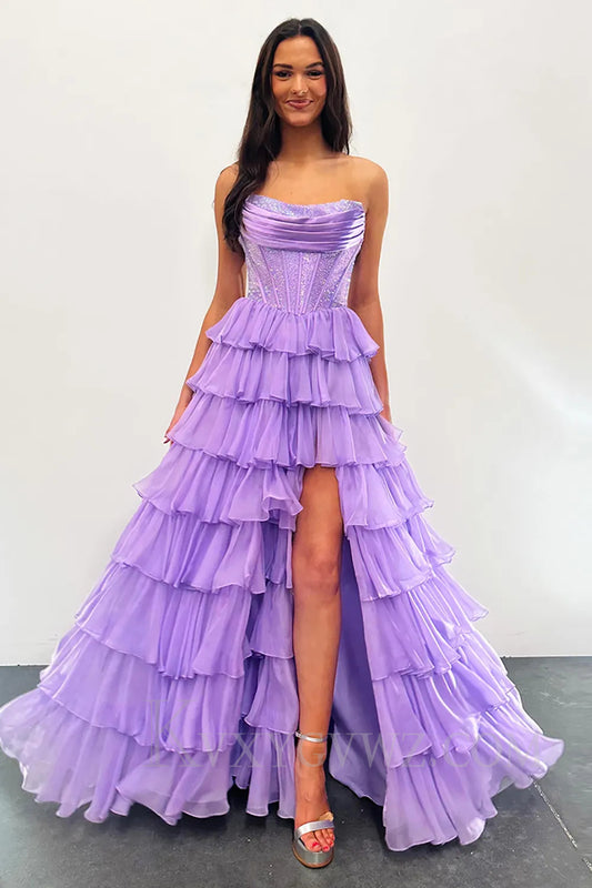 A Line Purple Strapless Ruffled Long Prom Dress with Slit LF027