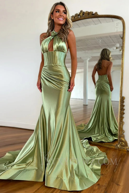 Sage Satin Cross Halter Mermaid Prom Dress LF276