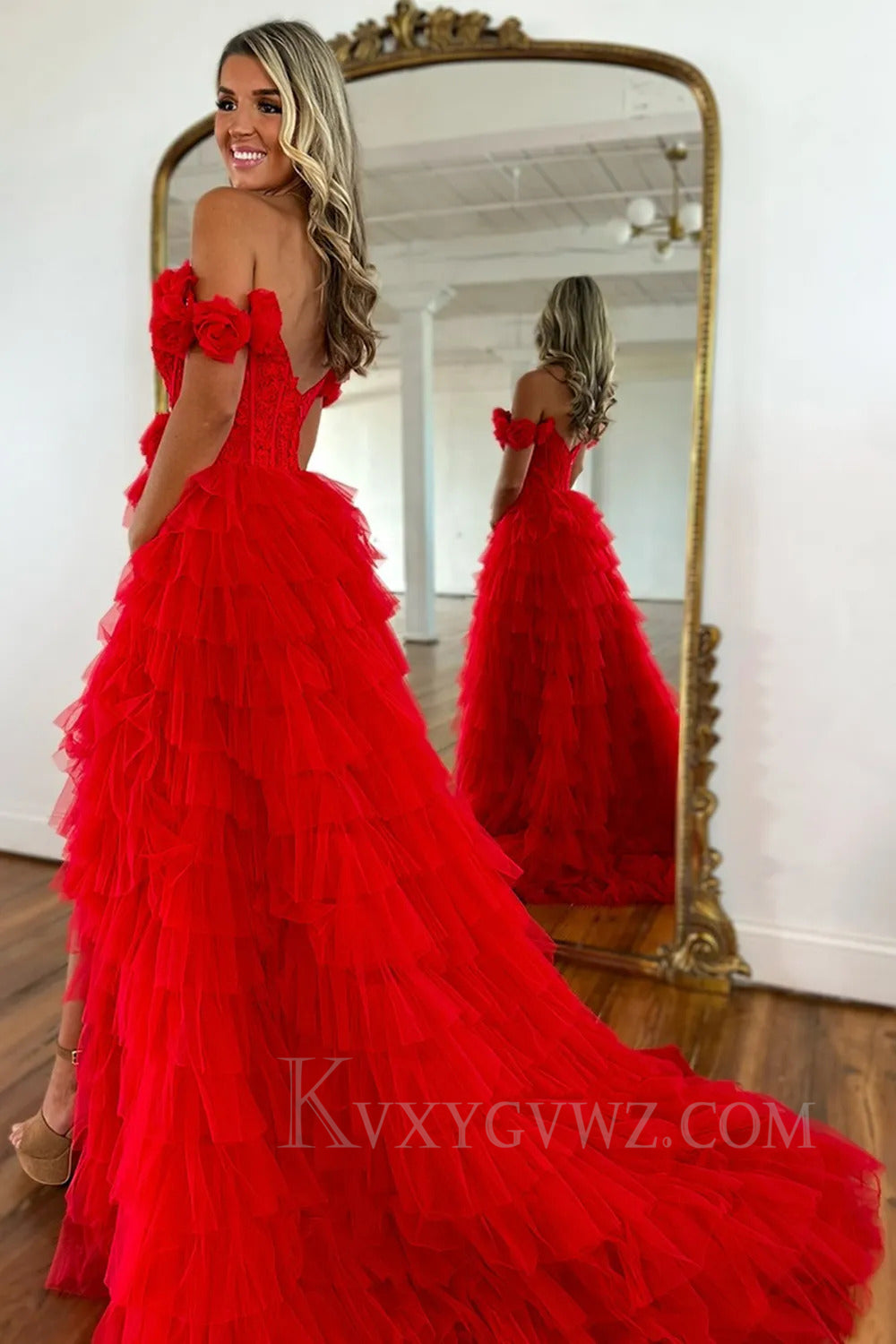 Red Off The Shoulder Appliqued Ruffled Prom Dress with Slit LF277