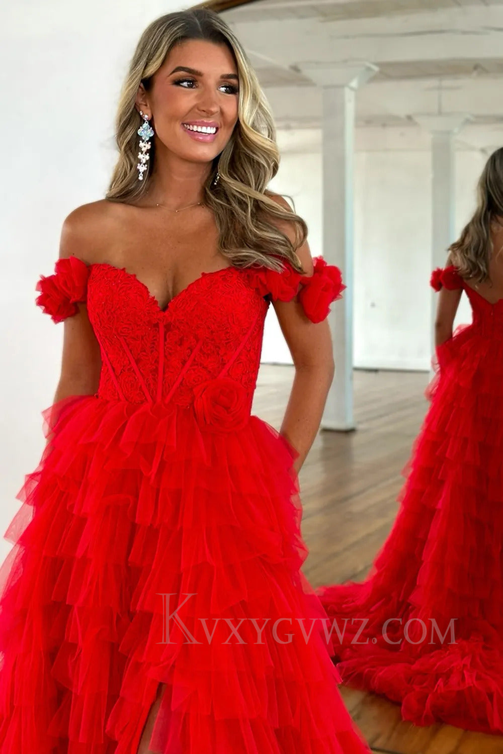 Red Off The Shoulder Appliqued Ruffled Prom Dress with Slit LF277