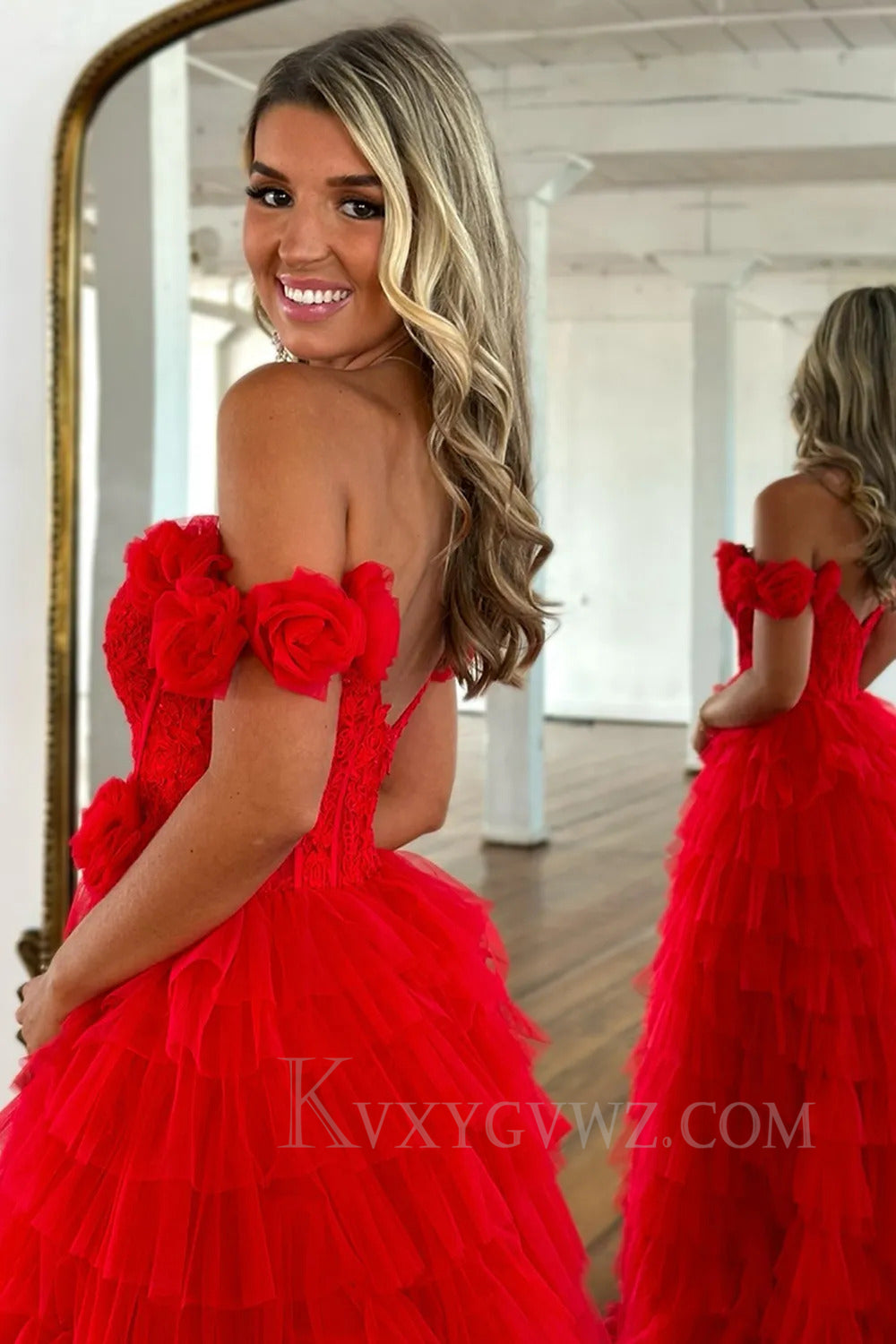 Red Off The Shoulder Appliqued Ruffled Prom Dress with Slit LF277