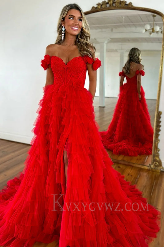 Red Off The Shoulder Appliqued Ruffled Prom Dress with Slit LF277