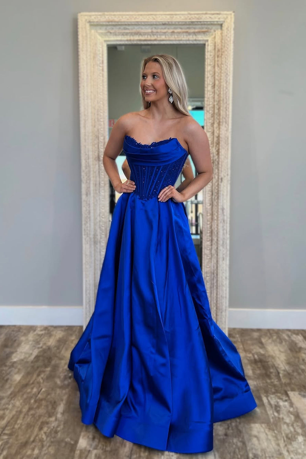 A-Line Strapless Royal Blue Satin Long Prom Dress Gown with Pockets LF1400