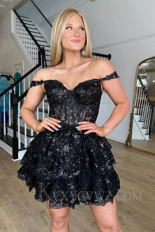 Sparkly Black Corset Tiered Lace Off Shoulder A-Line Short Homecoming Prom Dress LF028