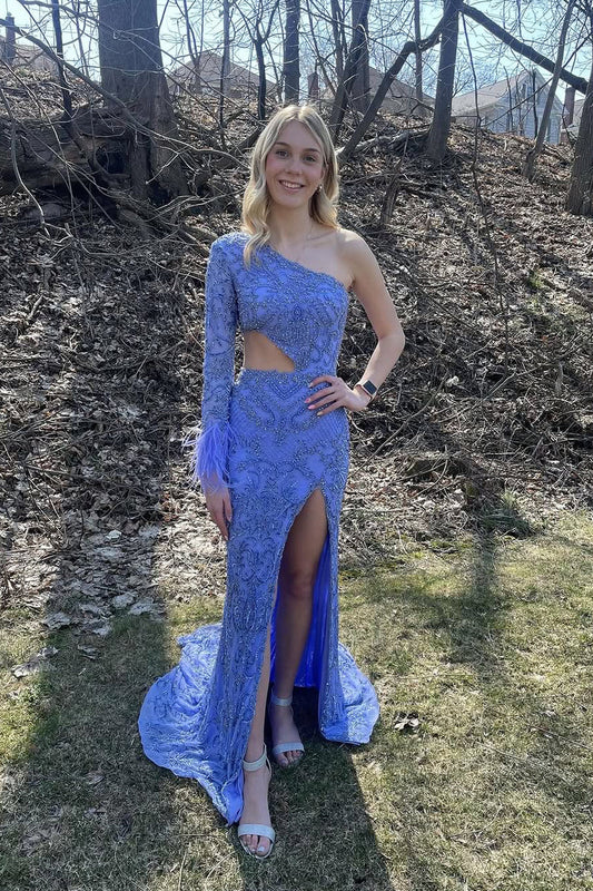 Mermaid One Shoulder Long Sleeve Lavender Sequins Long Prom Dress Gown with Slit LF1373
