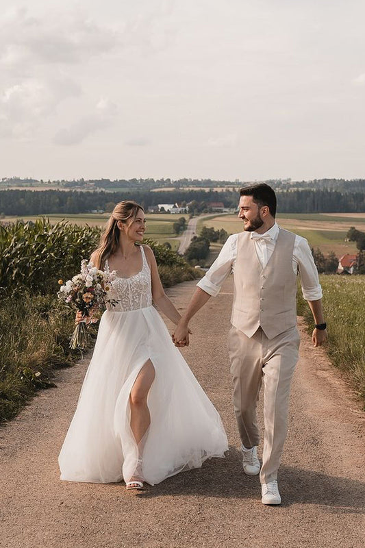 Modern A Line Square Neck Tulle Slit Long Wedding Dresses Gown HS981