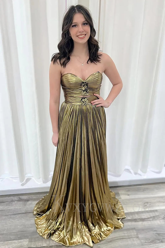 Golden Metallic Ruched Sleeveless Pleated A Line Prom Dress LF285