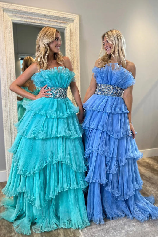 Stunging Ball Gown Strapless Organza Pleant Tiered Prom Dress Gown with Beading LF1254