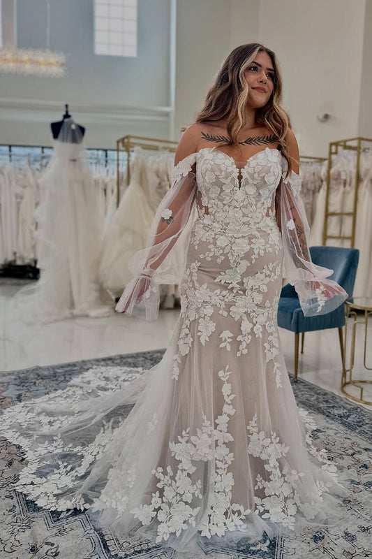 Mermaid Sweetheart Tulle Lace Wedding Dresses Gown with Detachable Sleeves HS811