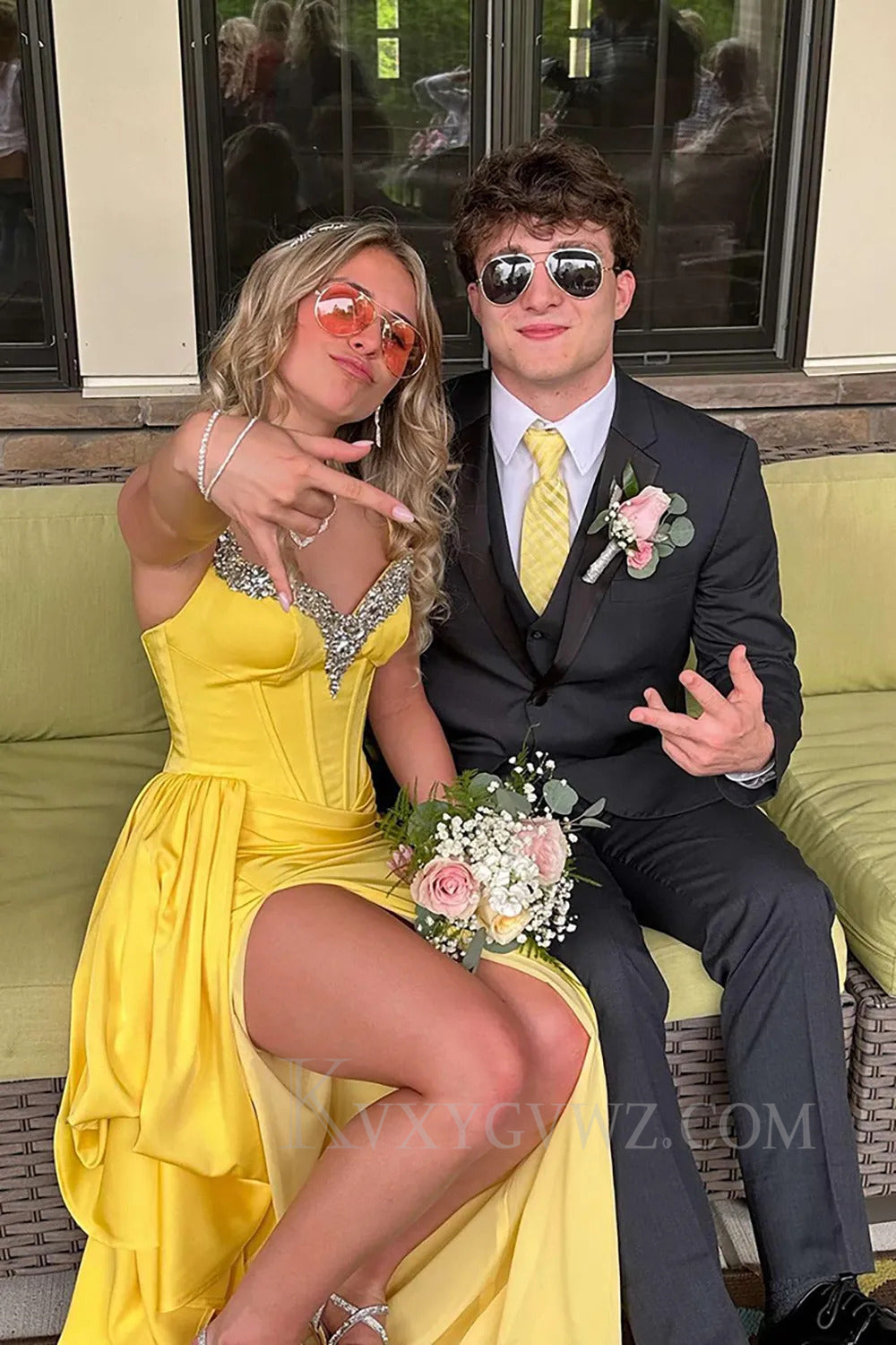Yellow Sparkly Spaghetti Straps Satin Prom Dress with Slit LF299