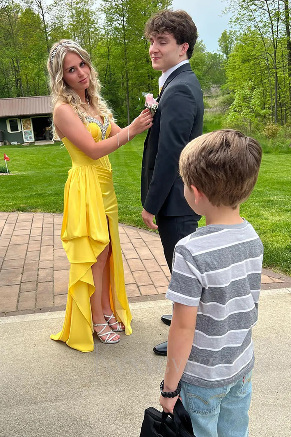 Yellow Sparkly Spaghetti Straps Satin Prom Dress with Slit LF299