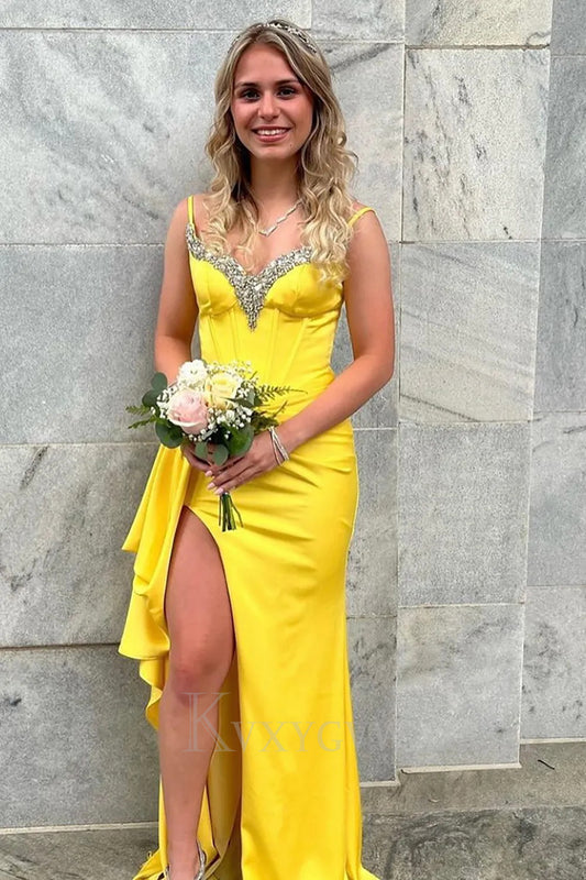 Yellow Sparkly Spaghetti Straps Satin Prom Dress with Slit LF299
