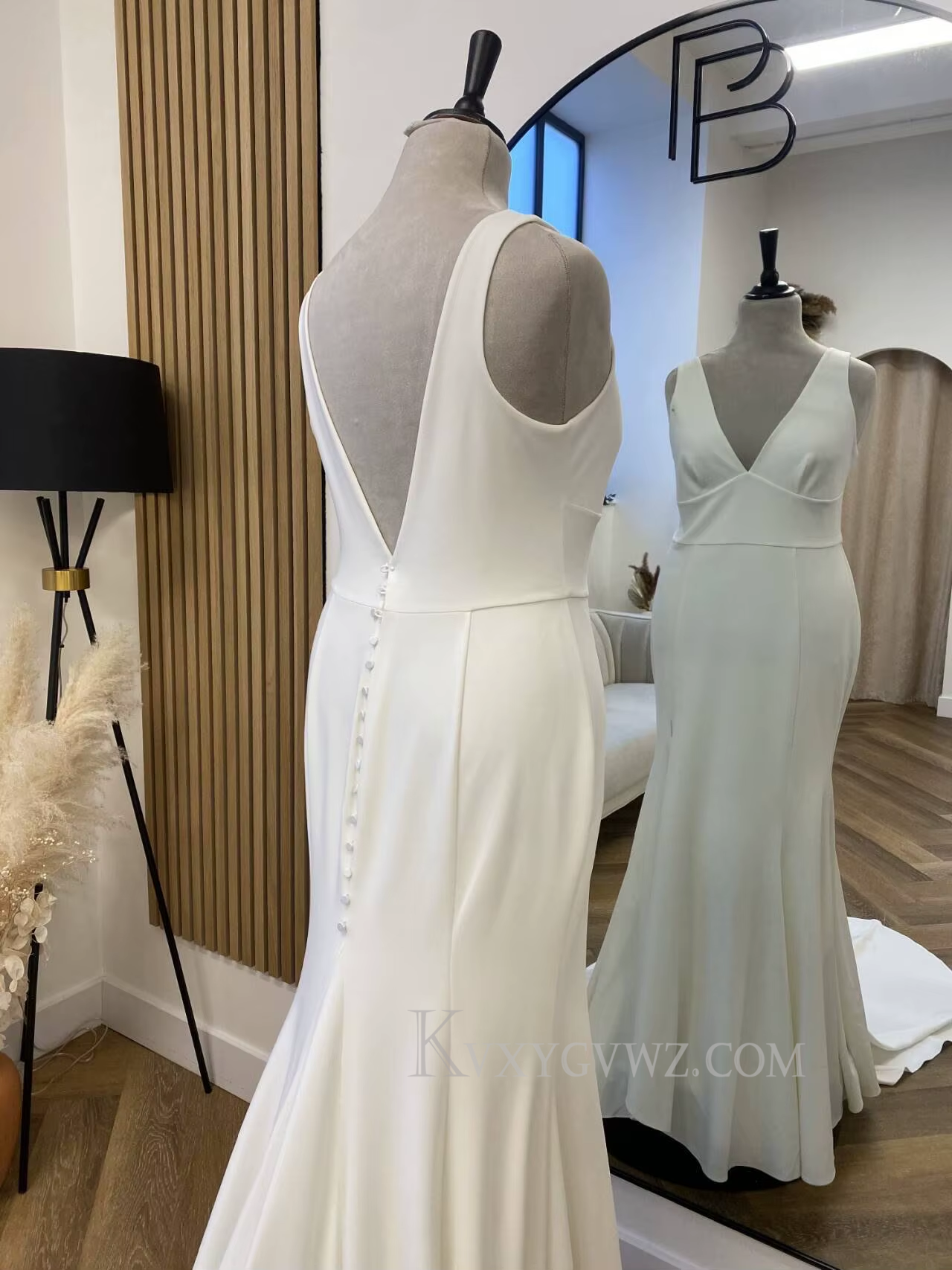 Sexy Deep V Neck Satin Sweep Train Wedding Gown/Dress HS405