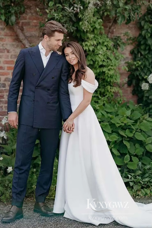 Modern Off-Shoulder Satin A-Line Wedding Dress with High Slit for a Chic Bridal Gown HS464
