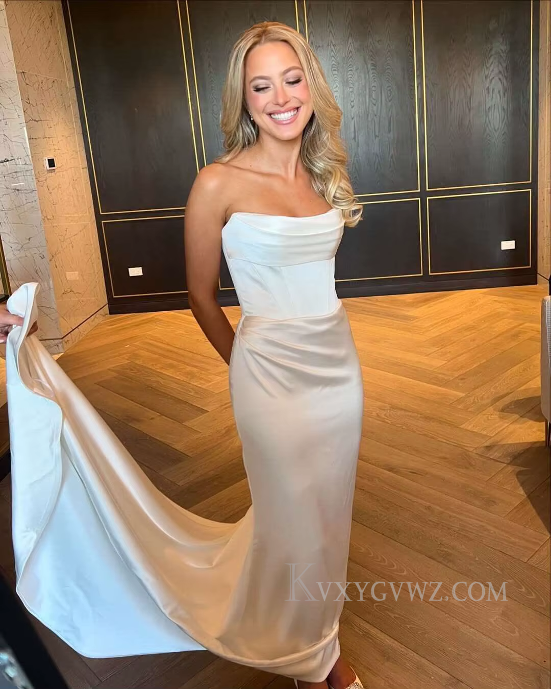 Strapless Satin Ruffles Sweep Train Wedding Gown/Dress HS408